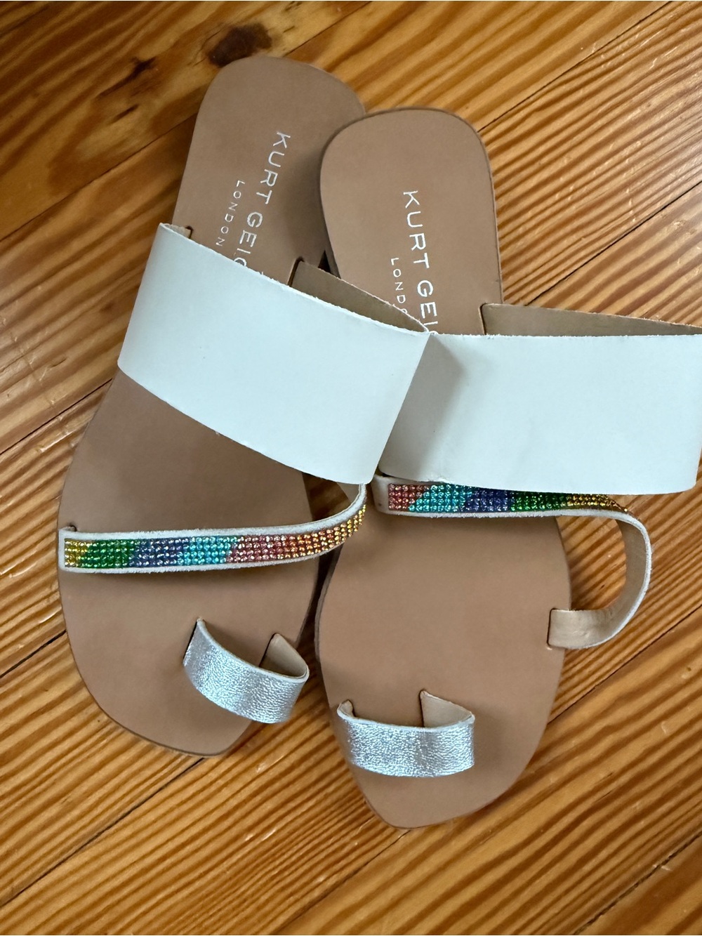 Kurt Geiger white, silver and rainbow sandals, fits size 6-6.5